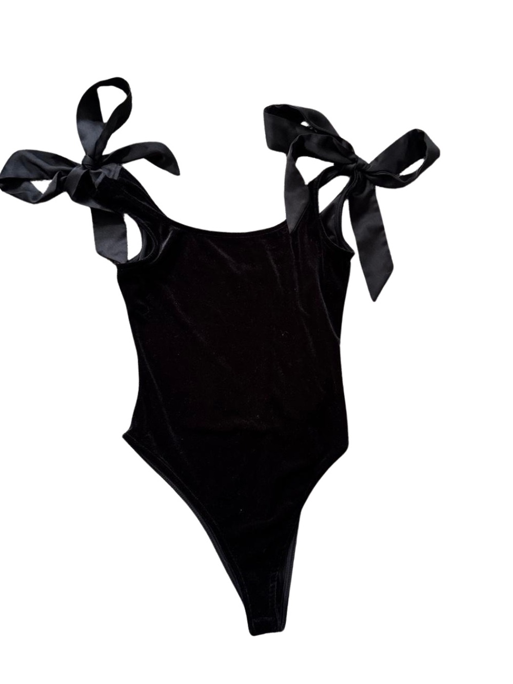 Black Tie-Shoulder Velvet Bodysuit